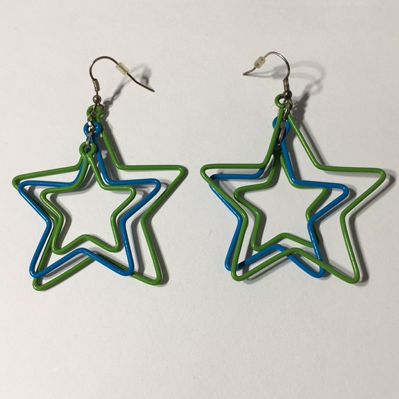 Blue Green Metal Star Pierced Earrings - Picture 3 of 16